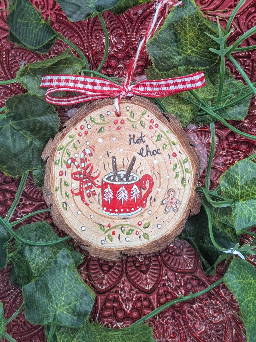 Hot chocolate hand-painted log slice Christmas decoration 