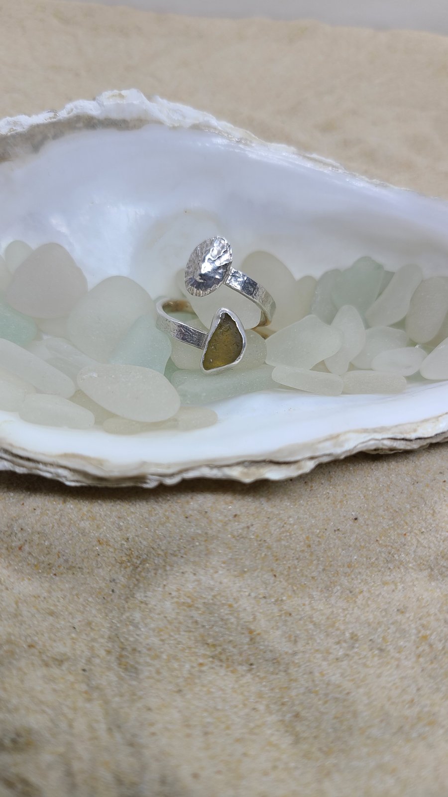 Khaki sea glass and silver limpet ring TL1