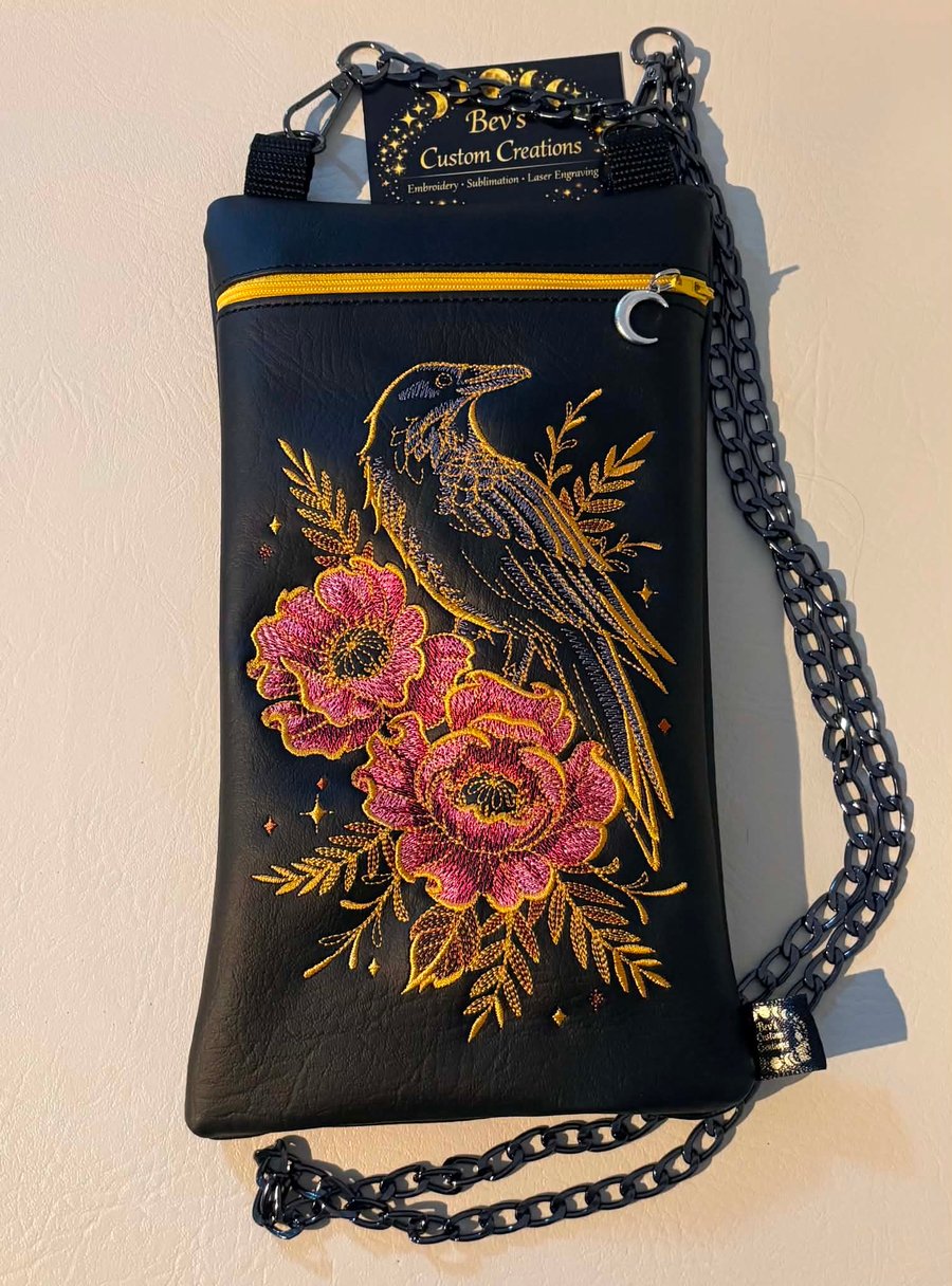 Raven & Pink Flowers Embroidered Crossbody Bag