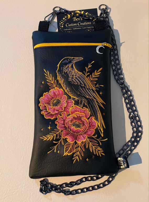 Raven & Pink Flowers Embroidered Crossbody Bag