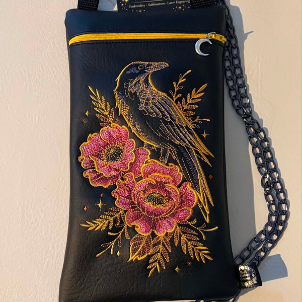 Raven & Pink Flowers Embroidered Crossbody Bag