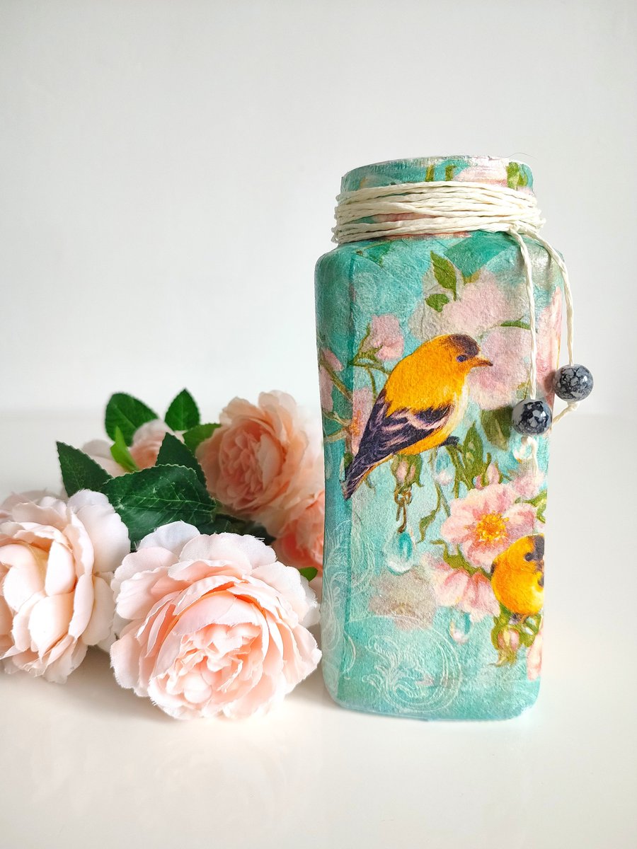 Glass Vase for flowers Birds themed Jar, Glass Vase Jar, Home table decoration