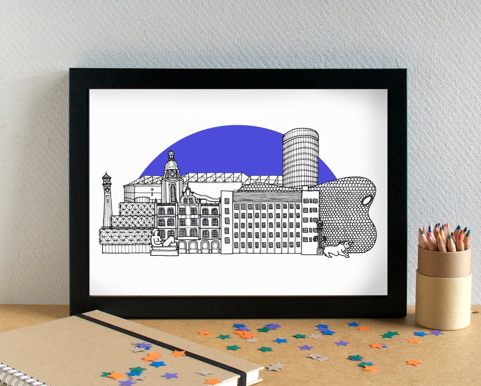 Birmingham - featuring Birmingham FC's St Andrew's Stadium - Skyline Art Print