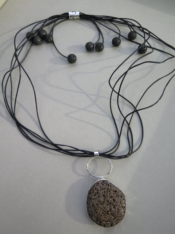 Unique Fossil Necklace Polished Beach Pebble with Genuine Fossil, Set in Silver