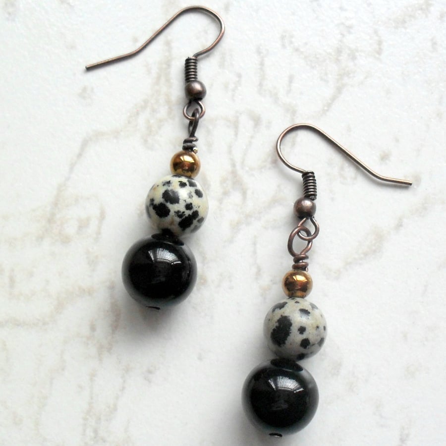 Black Onyx and Dalmatian Jasper Earrings