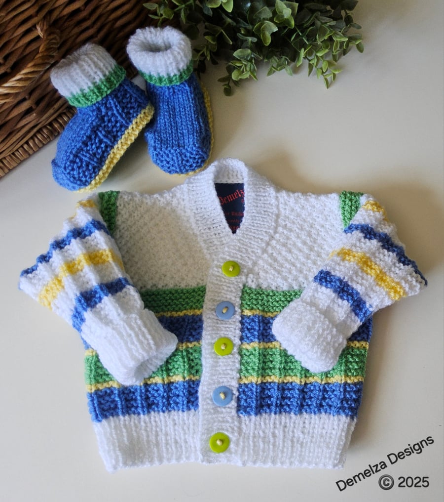 Hand Knitted Designer Baby Cardigan & Booties Set 3-9 Months Size