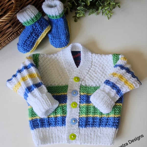 Hand Knitted Designer Baby Cardigan & Booties Set 3-9 Months Size