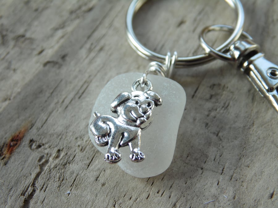 Dog Charm White Cornish Sea Glass Keyring Bag Charm K692