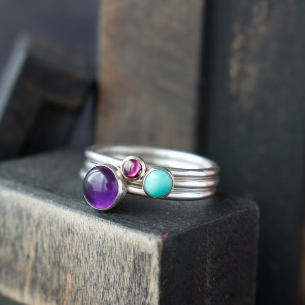 NEBULA Gemstone and Silver Layering Rings 