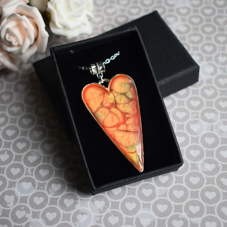 Orange Marbled Heart Pendant Necklace