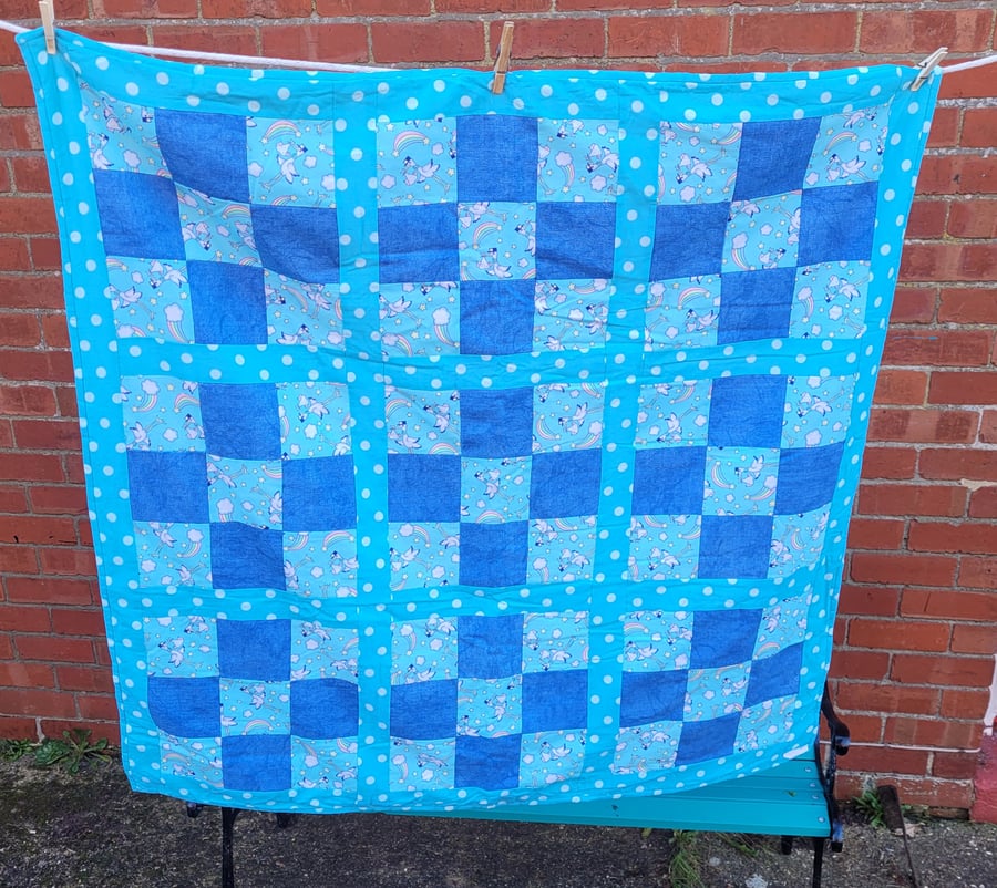 Handmade blue baby quilt, play mat. 42" x 42"