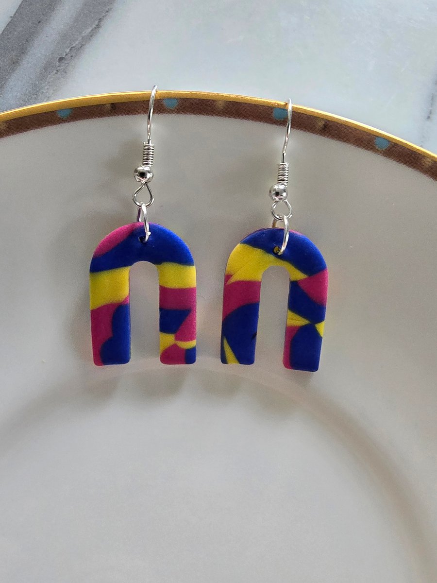 Handmade polymer multi colour silver plated earrings
