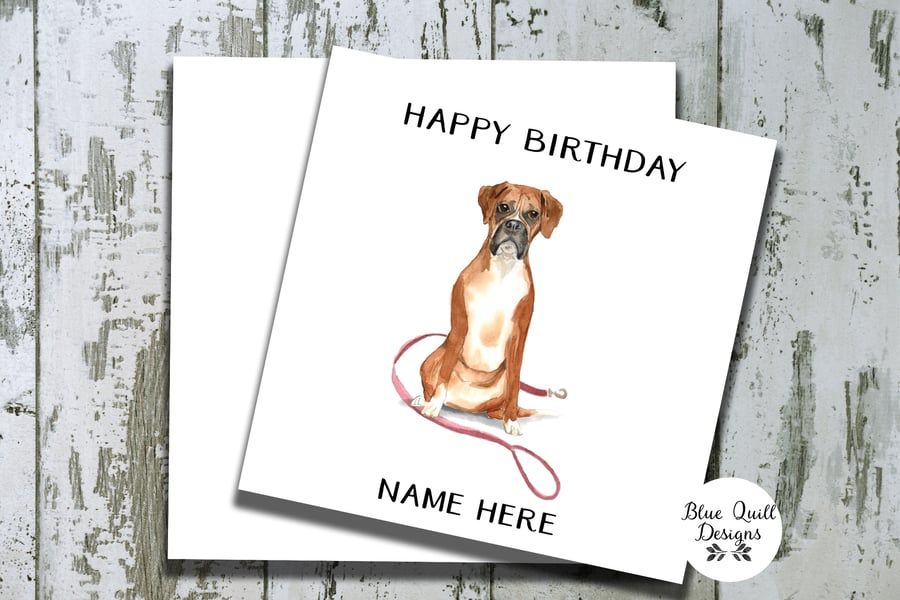 Boxer Dog Walkies Watercolour Print Personalised Birthday Card