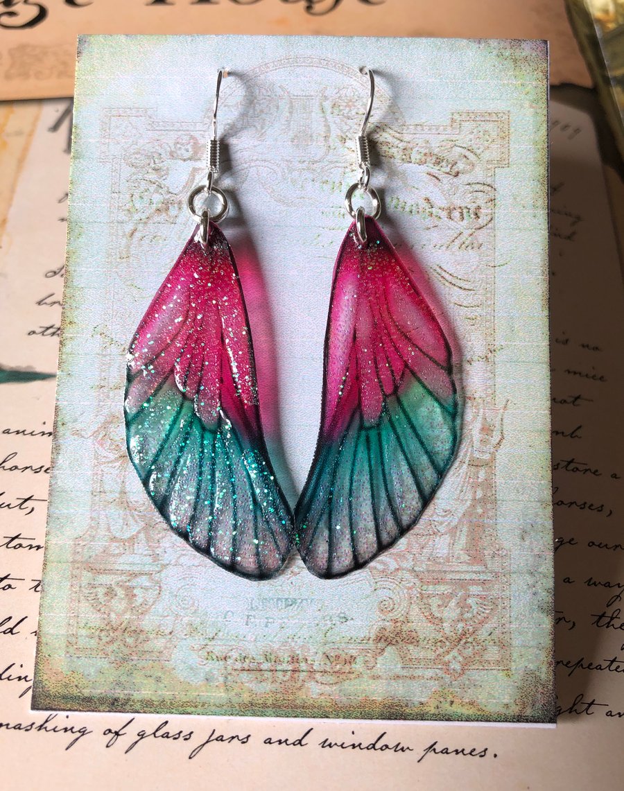 Translucent Pink and Green Fairy Wing Sterling Silver Earrings