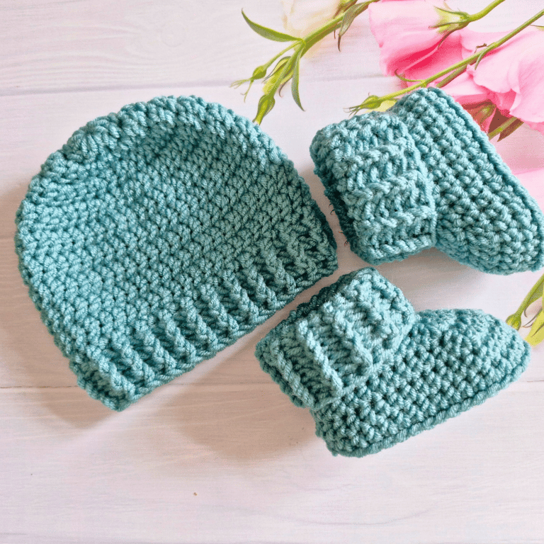 Crochet Newborn Hat and Booties Set – Deep Blue-Green – Baby Shower Gift 