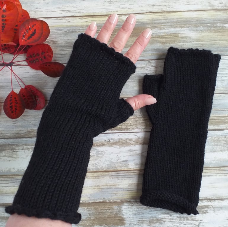 Alpaca & Wool Knitted Fingerless Gloves, Black Minimalist Wrist Warmers,