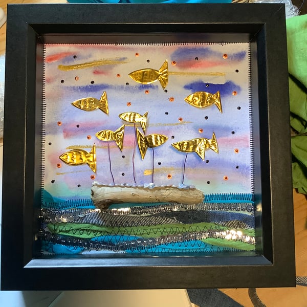 Mixed media fish picture. Framed art. Go your own way. Sea, ocean, independence 
