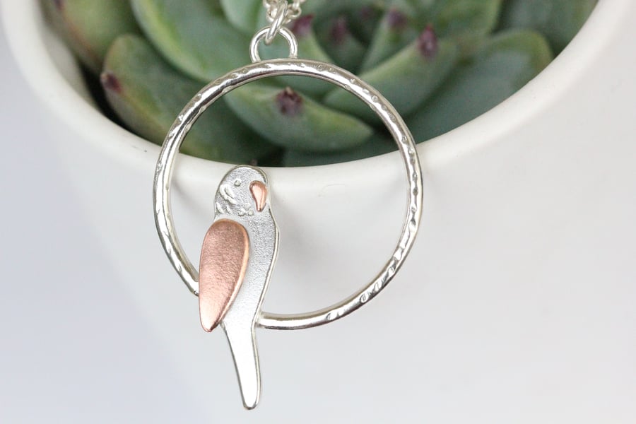  Silver and copper budgie bird necklace