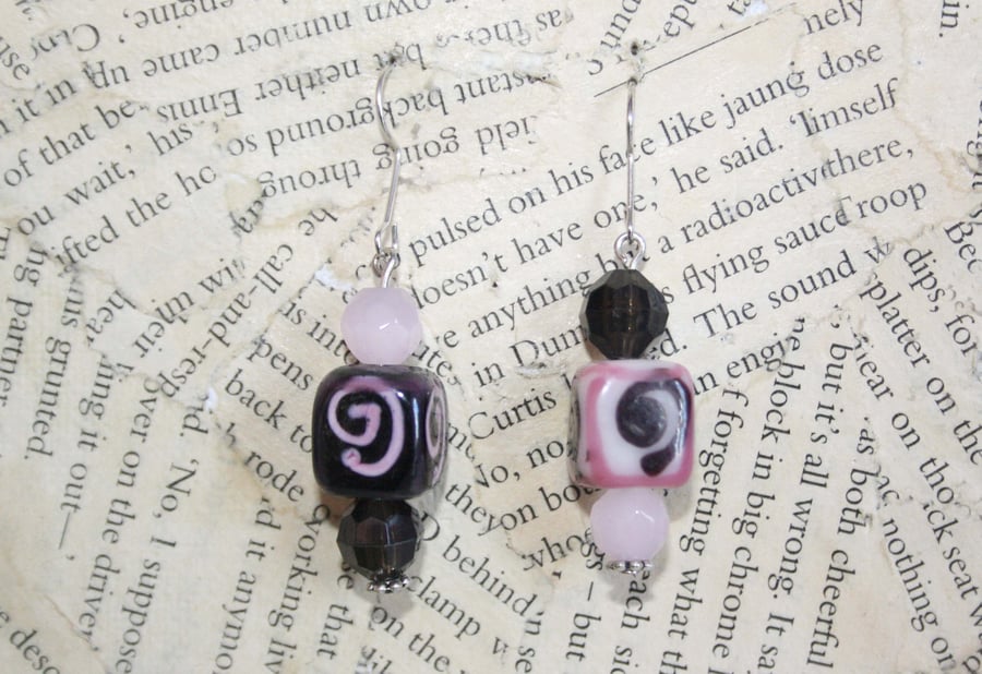 Asymmetric Black and Pink Ceramic Bead with Swirl Hook Dangle Earrings 