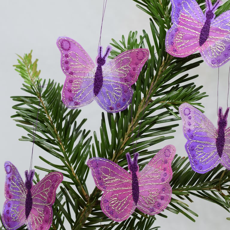 Embroidered Butterfly Ornaments: Raspberry Purple Metallic Thread Decoration