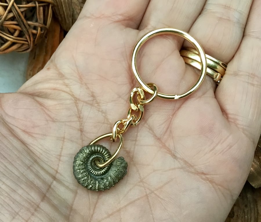 Prestige Golden Pyrite Ammonite Fossil Keyring or Handbag Charm.