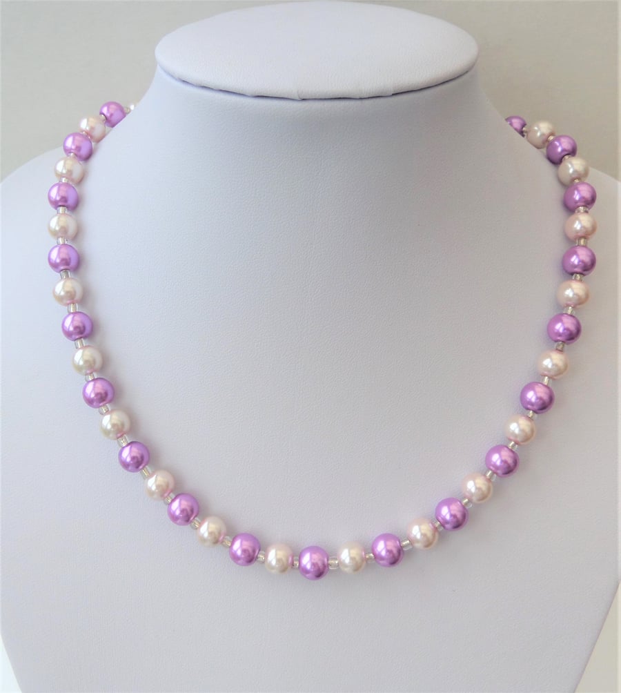 Orchid purple and light pink glass pearl necklace. 