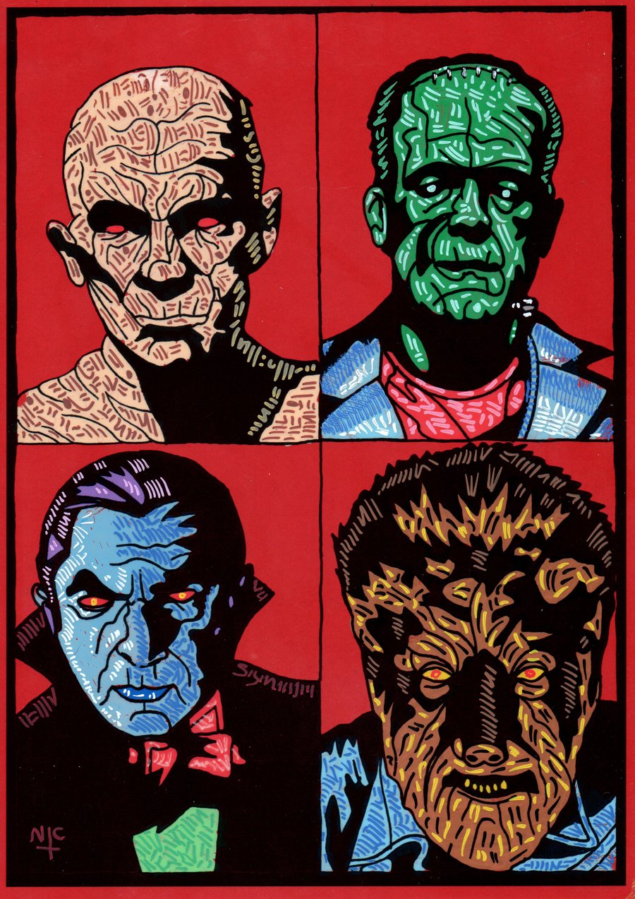 UNIVERSAL MONSTERS SET FAN ART ON CELL FILM WITH CARD BACKDROP