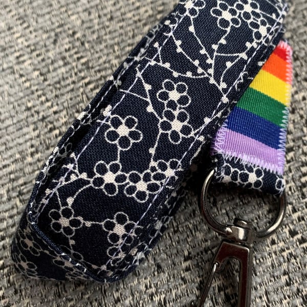 Bluewhite flowers 100% Cotton Lanyard with lobster clip and ribbon