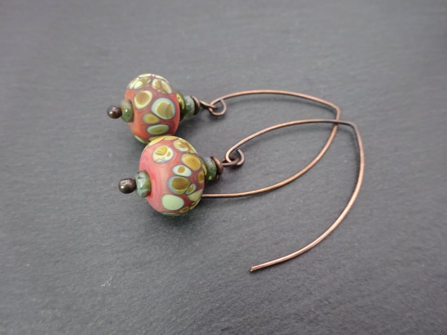 coral raku lampwork glass earrings, copper jewellery