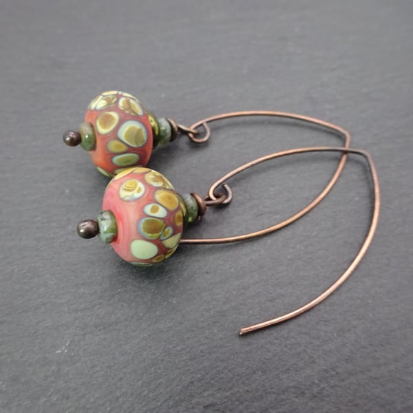 coral raku lampwork glass earrings, copper jewellery