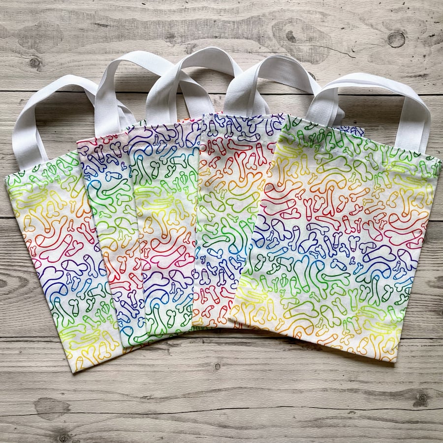 Funny willy themed party bags. Small tote bags. Gift bags with handles. 