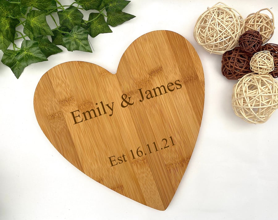 Personalised Heart Cheese Board, Bamboo, Wedding Gift, New Home