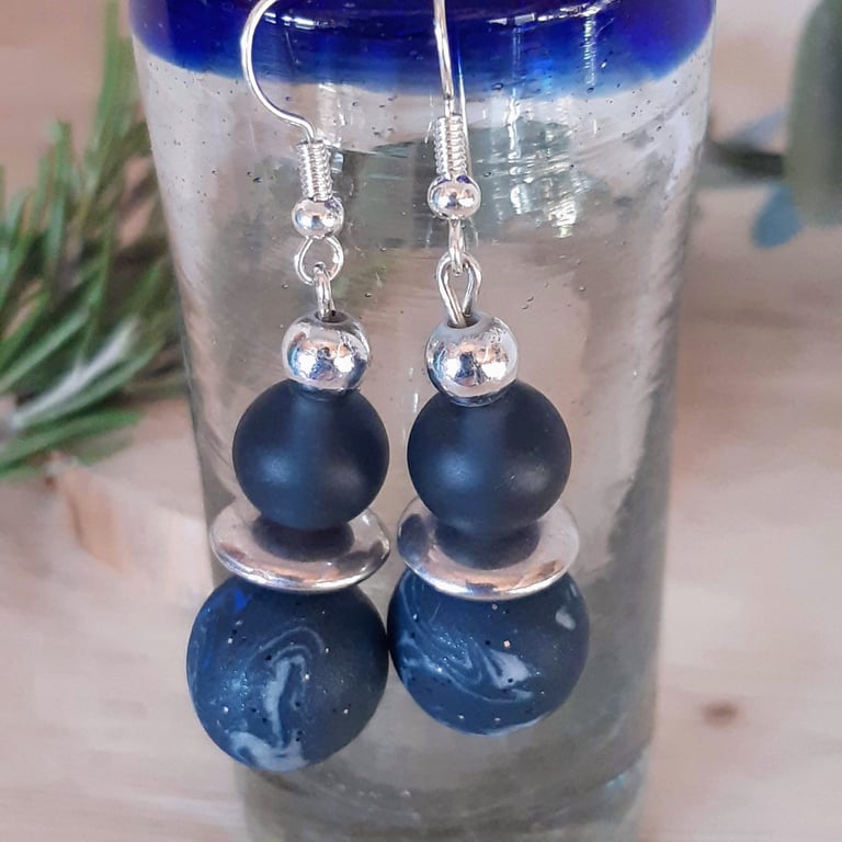 Navy Blue & Silver Dangly Earrings