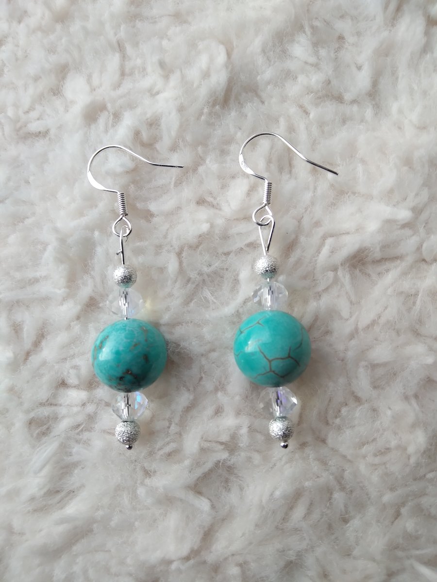 ChrissieCraft hand made silver, crystal and genuine TURQOISE beaded EAR RINGS