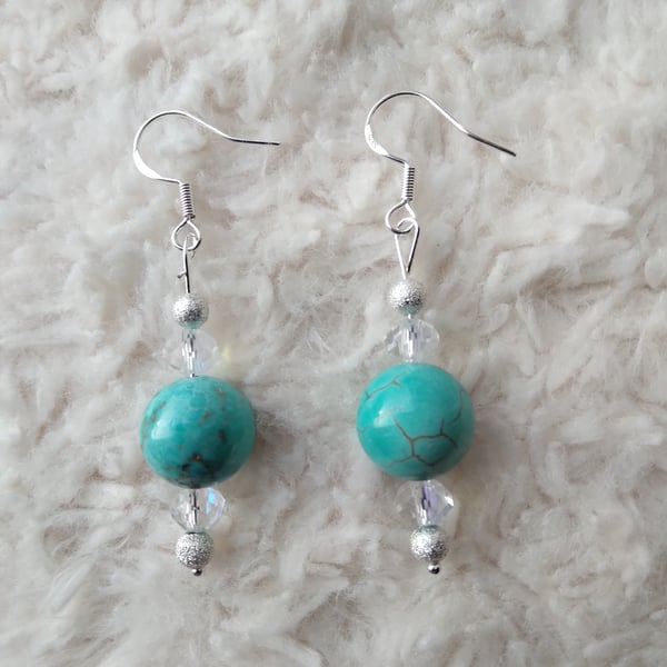 ChrissieCraft hand made silver, crystal and genuine TURQOISE beaded EAR RINGS