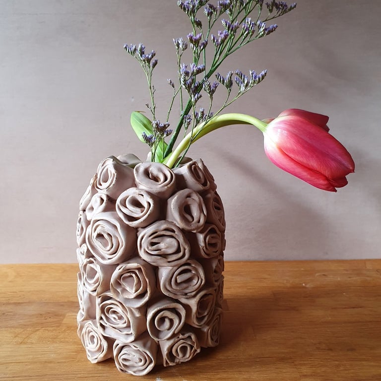 Summer Seconds - Slab built  unique flower vase pink roses