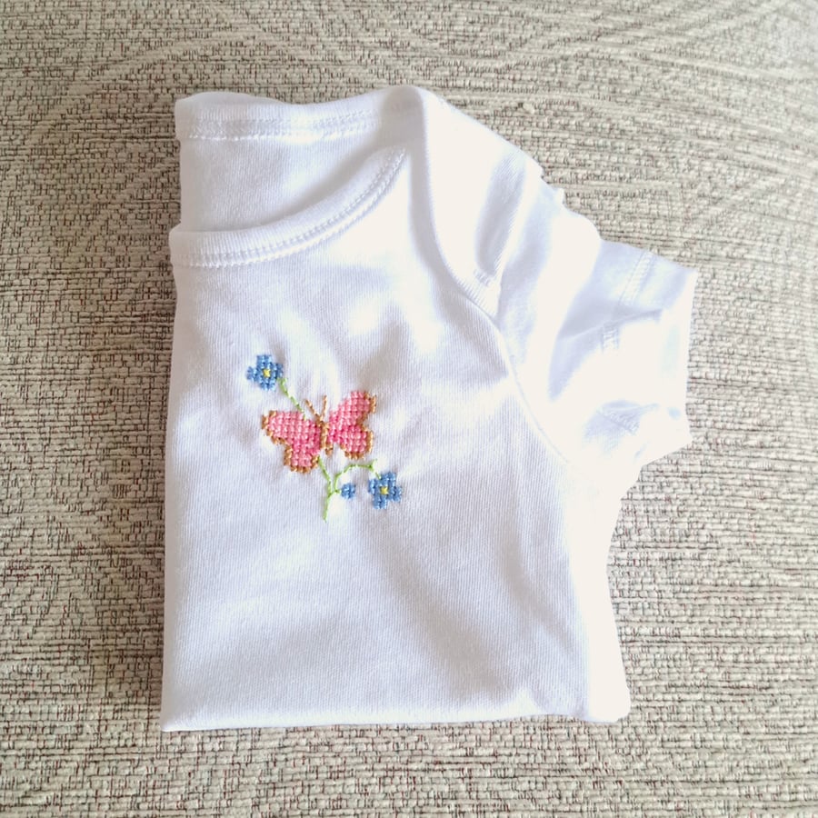  Baby Vest, Butterfly, age 0-3 months, hand embroidered