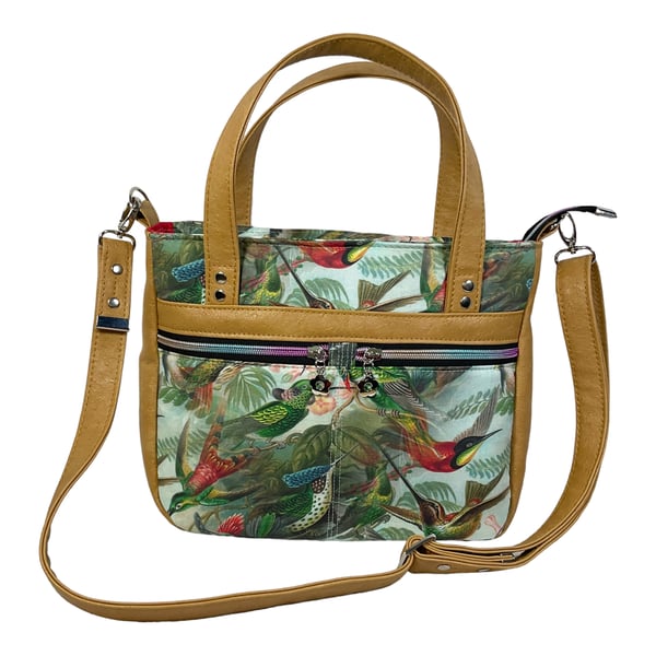 Hummingbird handbag with faux leather, ladies floral tote, women’s gift