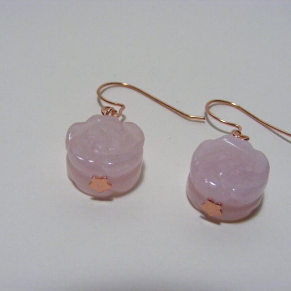 Rose Quartz Carved Flower Gemstone Earrings