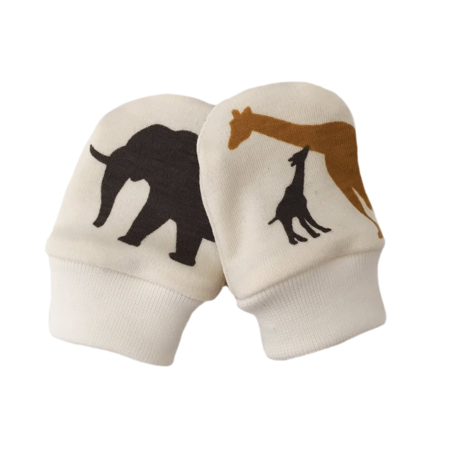 ORGANIC Baby SCRATCH MITTENS in SAFARI ANIMALS  A New Baby Gift Idea