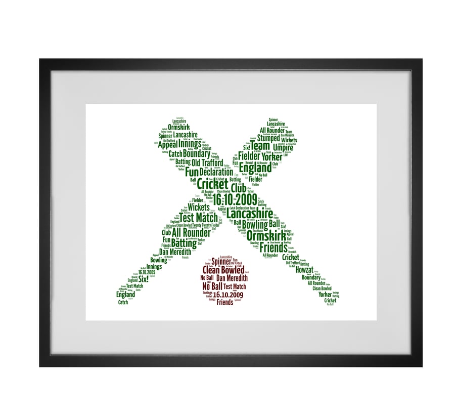 Personalised Cricket Bat and Ball Design Word Art Gifts 