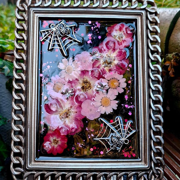 Chain rope upcycled resin photo frame Valloween Valentines Goth spider Emo Punk