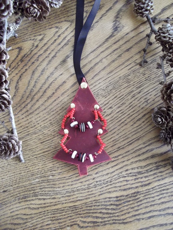 Unique Beaded Christmas Tree Ornament Decoration Burgundy Leather Vintage Beads