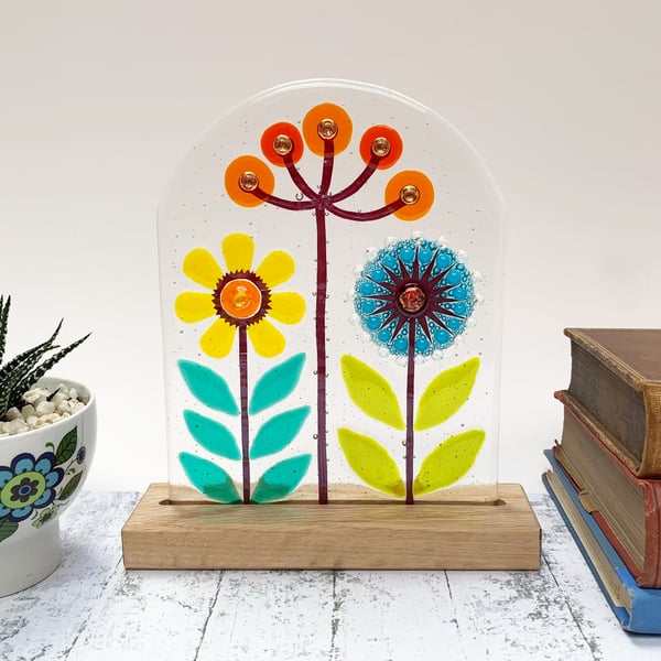 Fused Glass Botanicals on Oak - Yellow - Handmade Fused Glass Sculpture