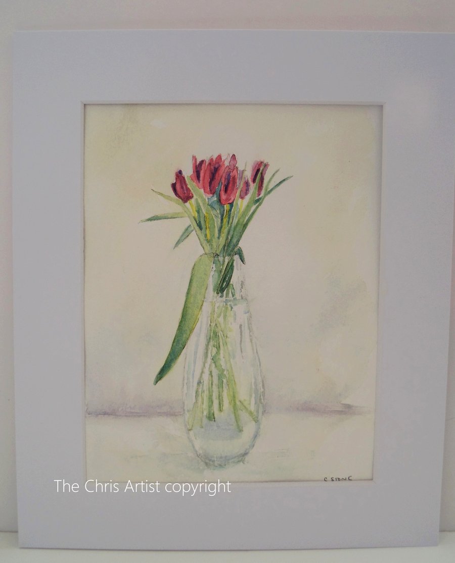 Red tulips in a crystal vase original watercolour painting