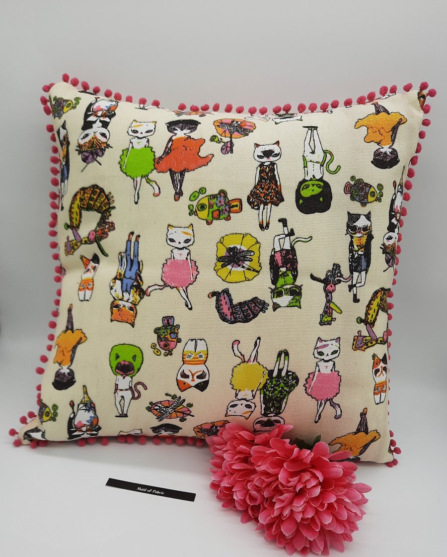 Crazy cats 16" cushion with pink bobble trim, free uk delivery.   