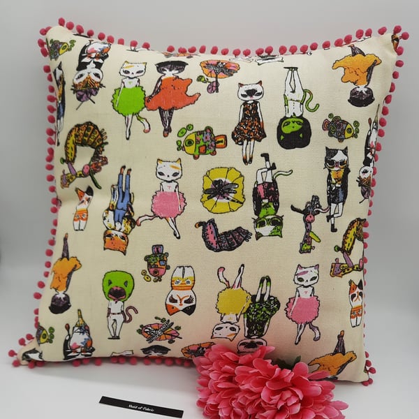 Crazy cats 16" cushion with pink bobble trim, free uk delivery.   