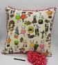 Crazy cats 16" cushion cover with pink bobble trim, free uk delivery.    - Image 1