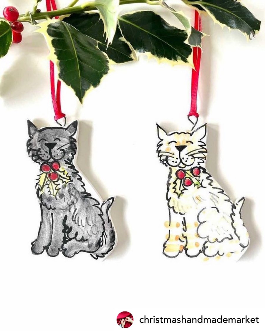 Holly cat ceramic hanging ornament