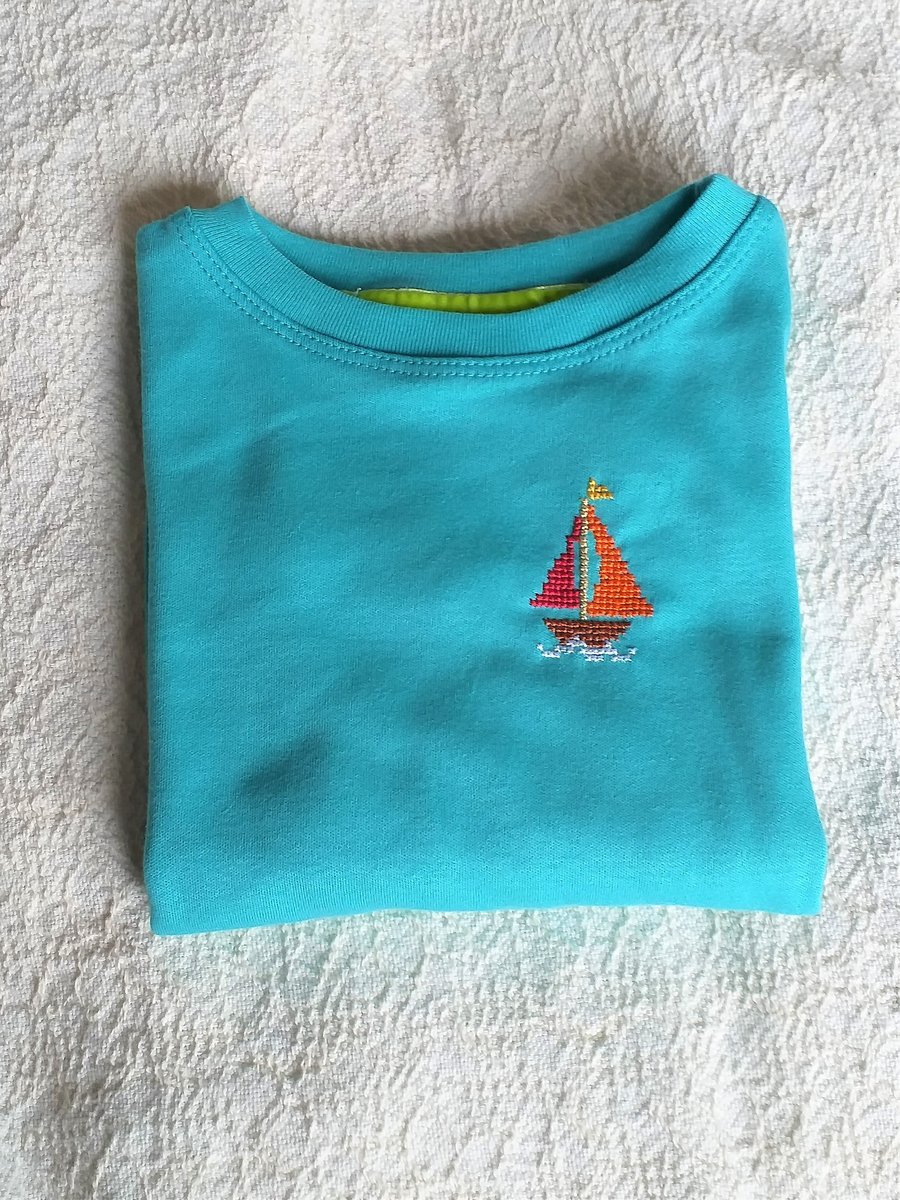 Yacht, Long-sleeved, T-shirt, Age 3, hand embroidered